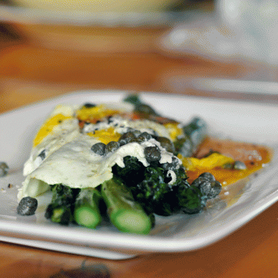 Asparagus with a runny egg on it!